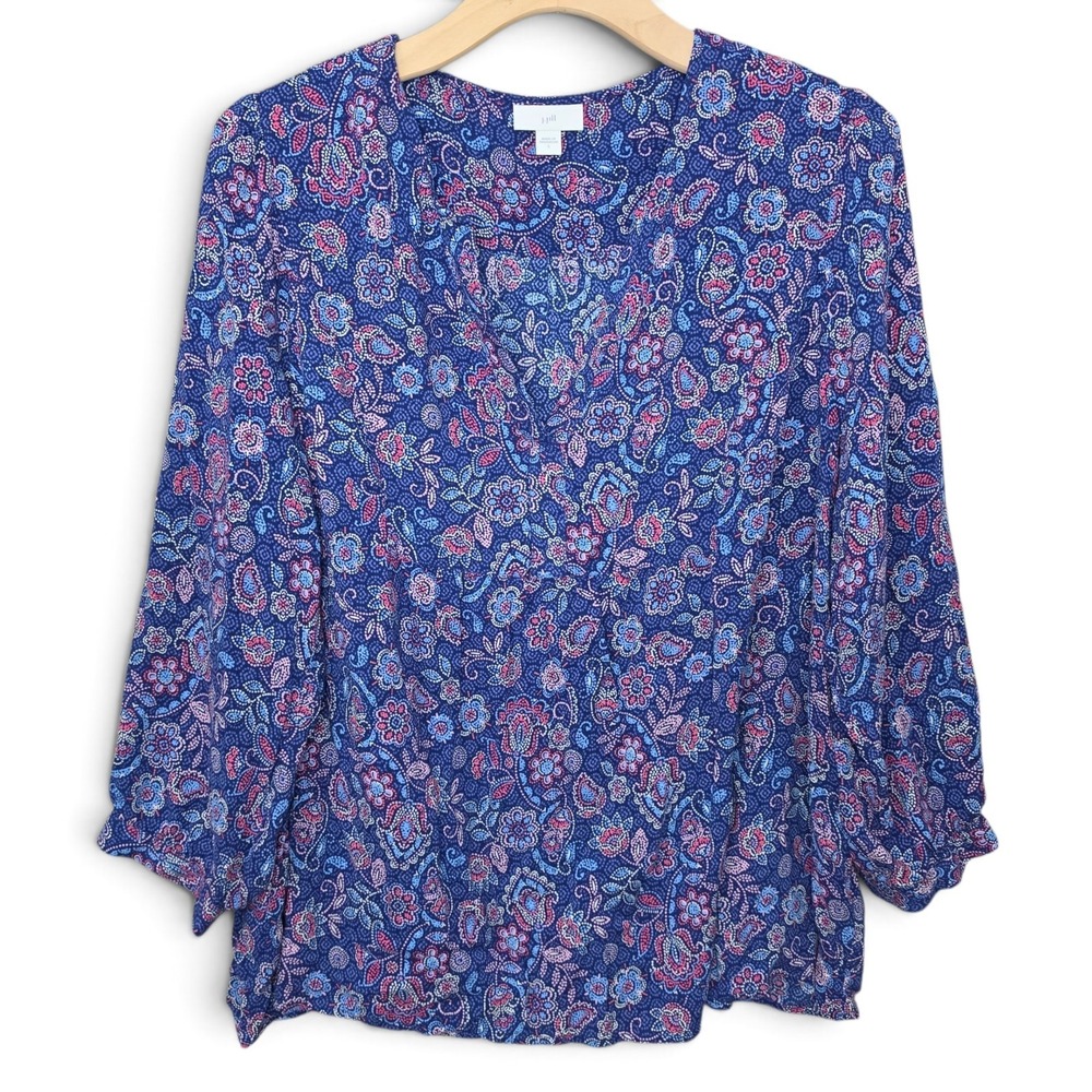 J Jill Womens Large Blouse Top Blue Pink Paisley Floral V Neck 3/4 Sleeve Boho